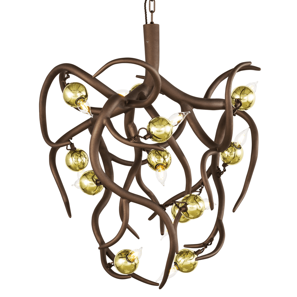 Eve Chandelier Conical with ornate bronze-toned branches and gold-tinted glass lights