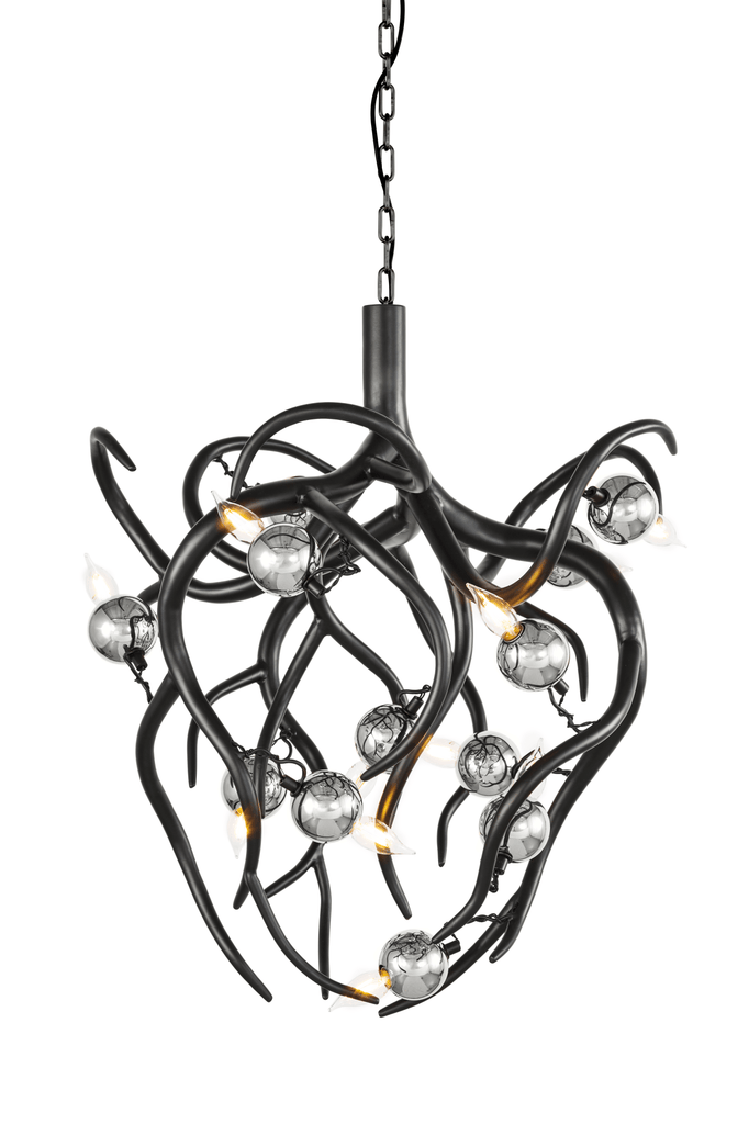 Eve Chandelier Conical with dark tones, intertwining branches, and mercury-glass lights