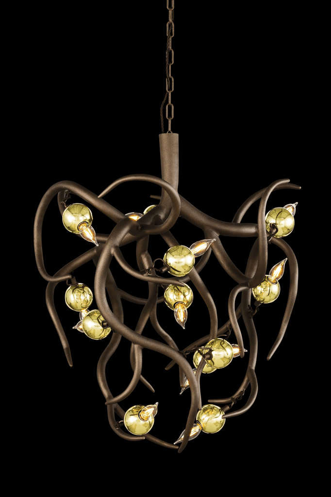 Eve Chandelier Conical featuring a dark metal branch design with light green glass shades