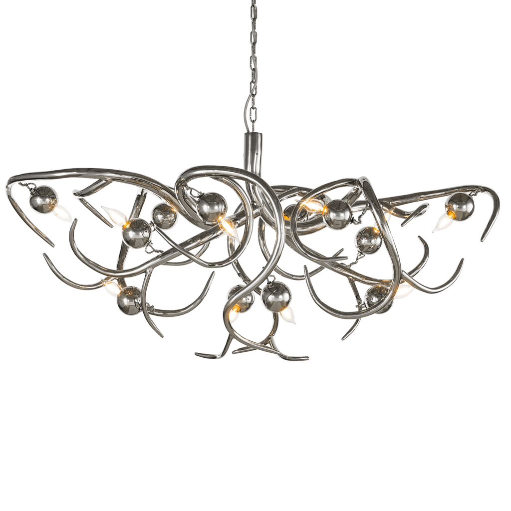 Eve Chandelier Oval with silver-toned metal twisted arms and spherical lights