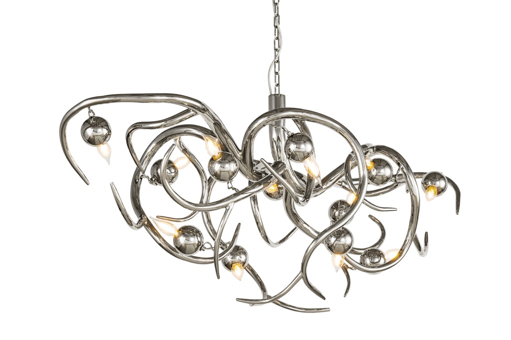 Eve Chandelier Oval showcasing a contemporary silver-toned metal chandelier with spherical accents