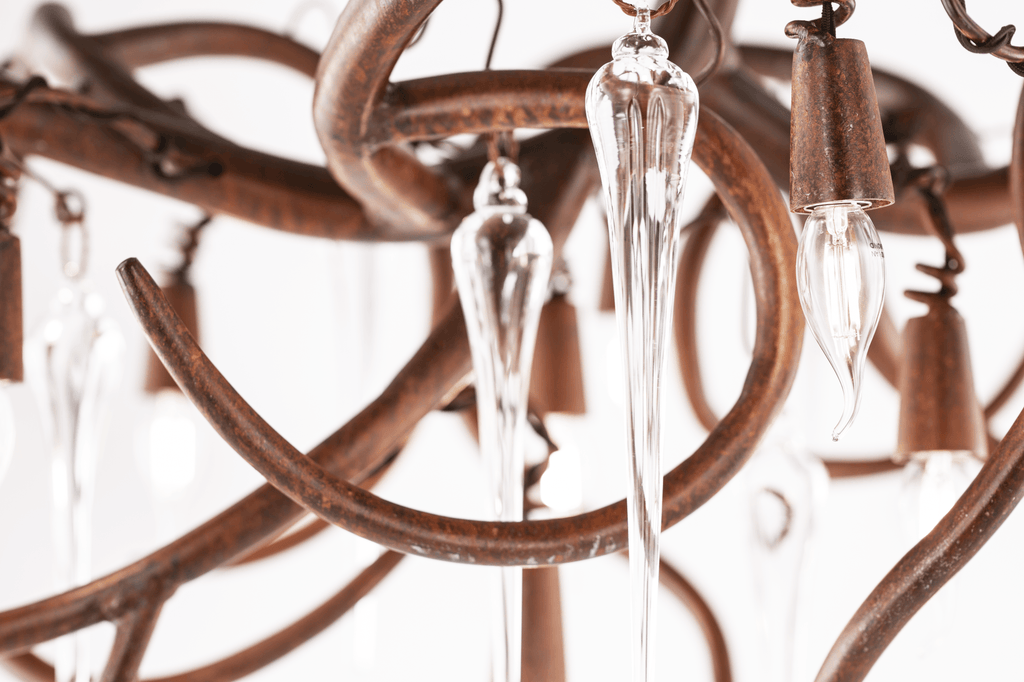 Eve Icicles Chandelier Oval with rustic branches and glass icicle ornaments