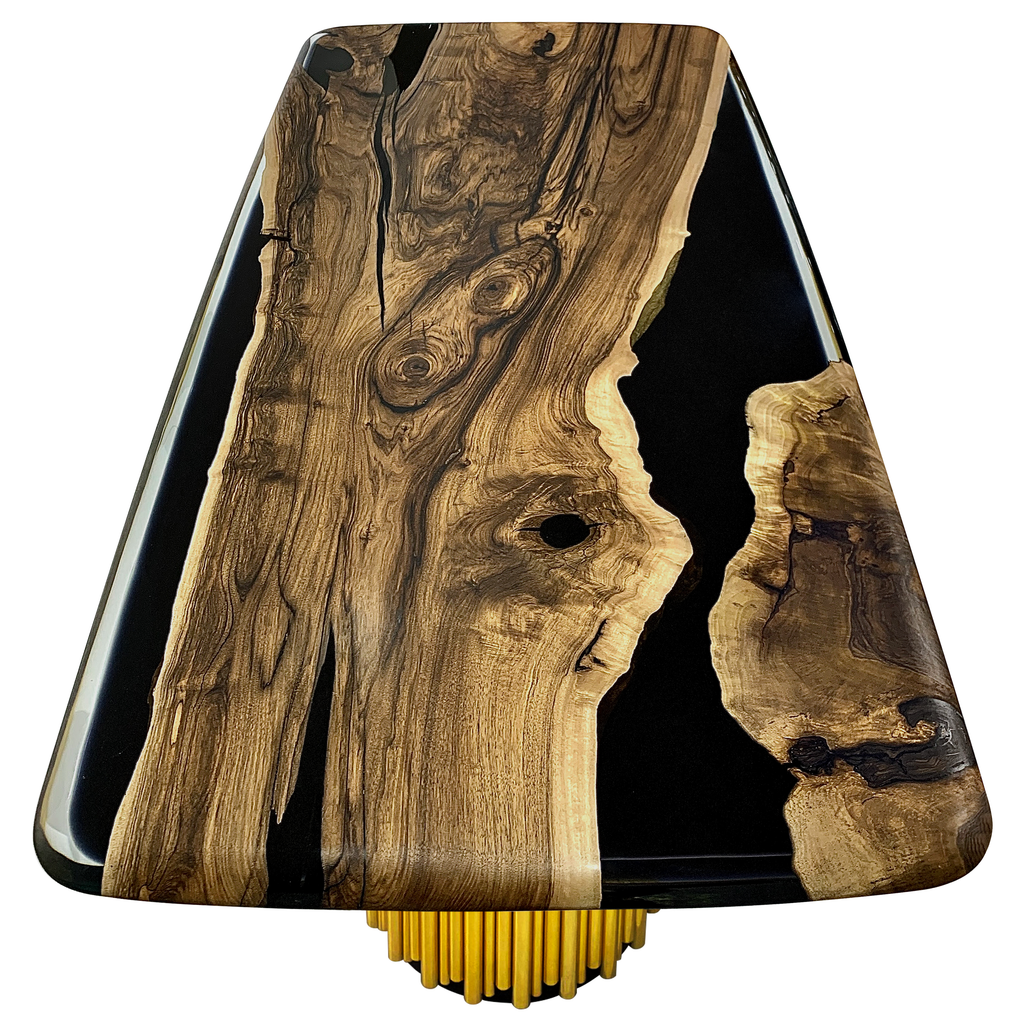 Evohe Black River Walnut Wood Dining Table with live-edge wood, black epoxy resin, and gold base