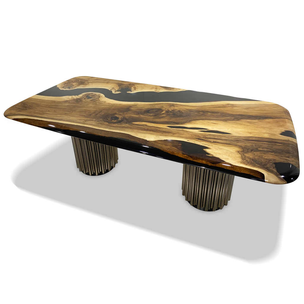 Evohe Black River Walnut Wood Dining Table with live edge black epoxy resin top
