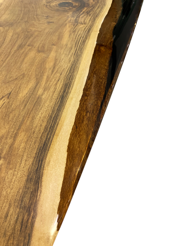 Evohe Black River Walnut Dining Table with polished live-edge walnut wood and dark resin