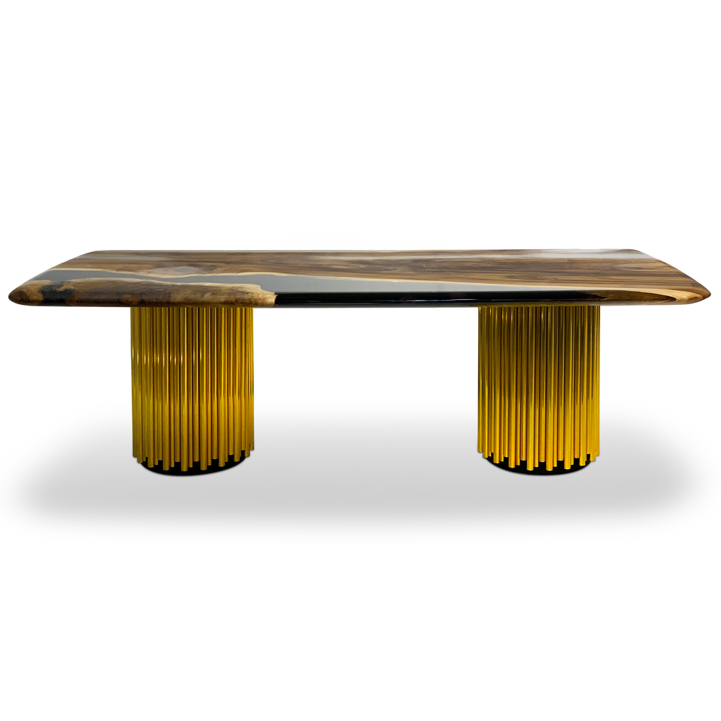 Evohe Black River Walnut Wood Dining Table with resin inlay and gold-fluted bases