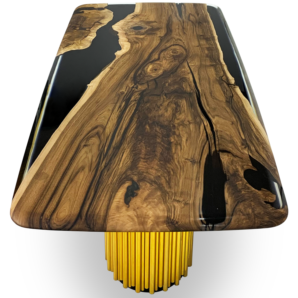 Live edge resin table with fluted gold base featuring Evohe Black River Walnut Wood design