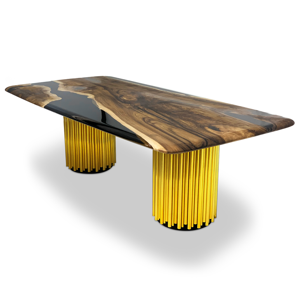 Evohe Black River walnut wood dining table with live edge wood and resin top