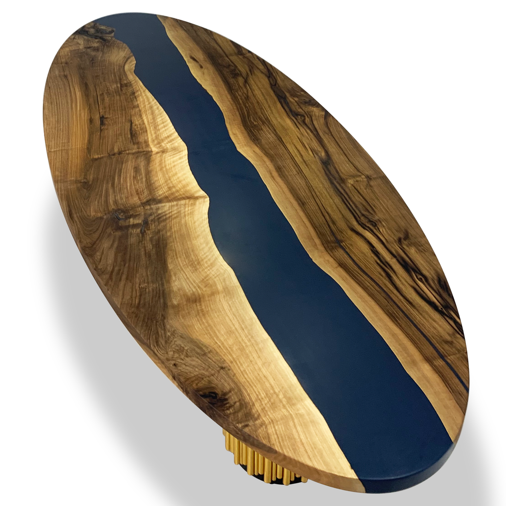 Evohe Blue River Walnut Wood Ellipse Dining Table with blue resin river centerpiece