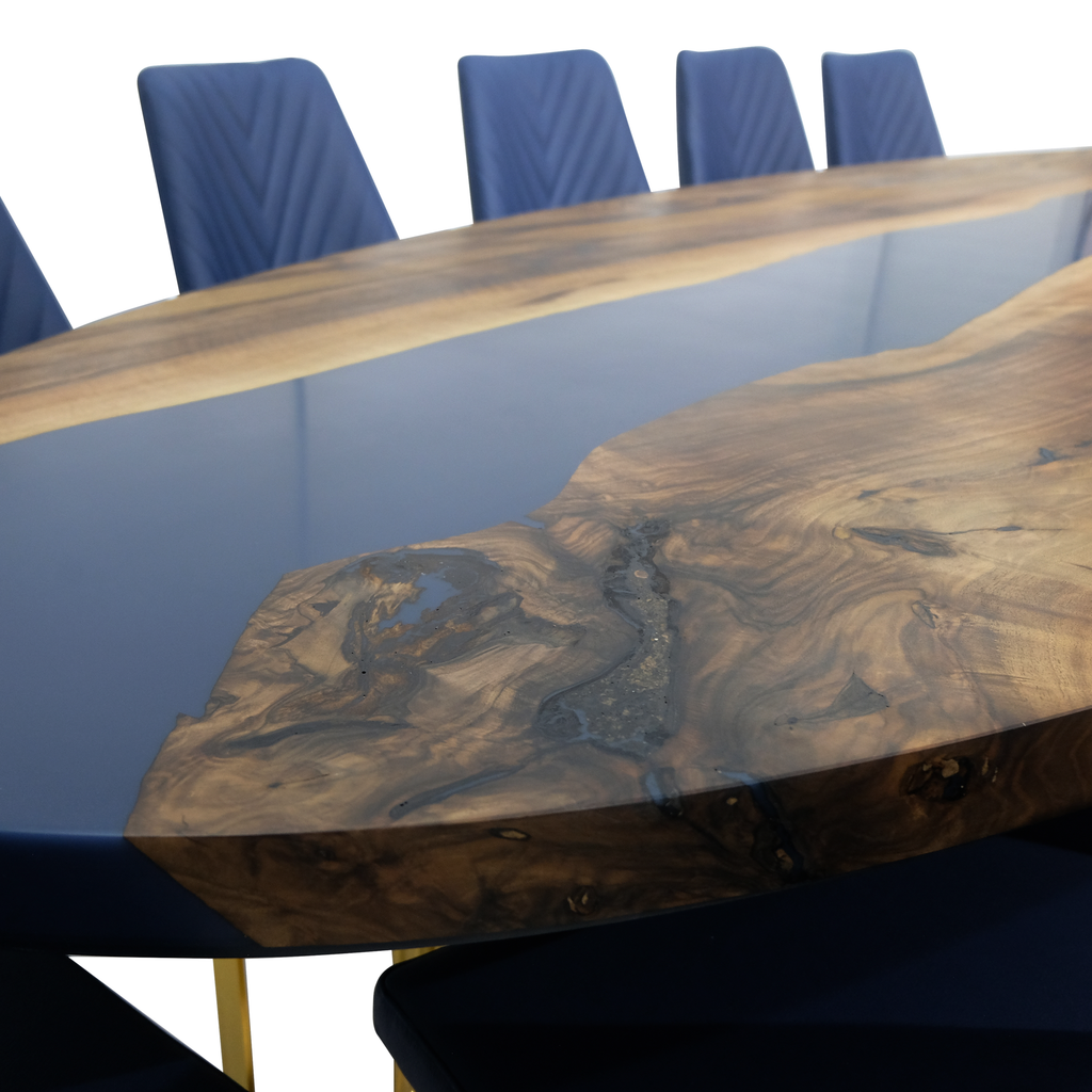 Evohe Blue River Walnut Wood Ellipse Dining Table with live-edge wood and blue chairs
