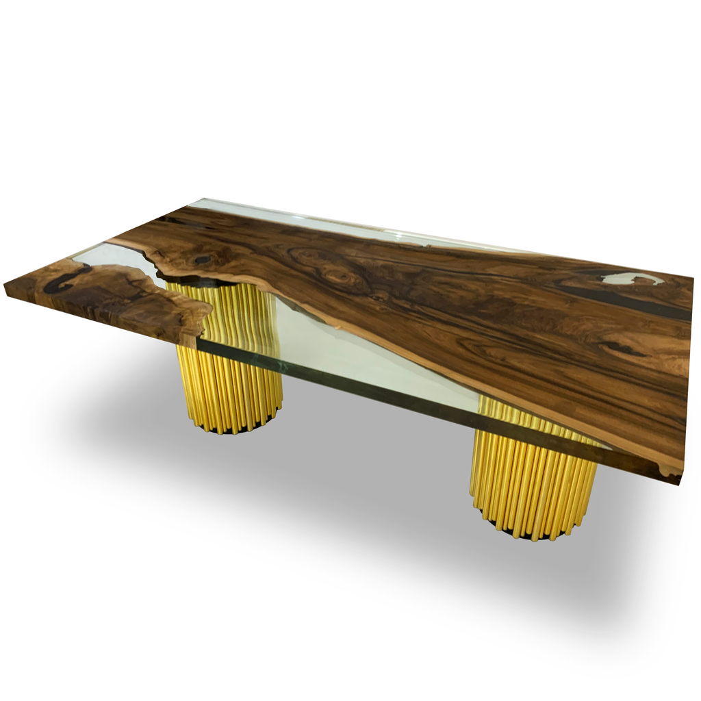 Evohe Walnut Wood Rectangular Dining Table with live-edge wood and gold bases