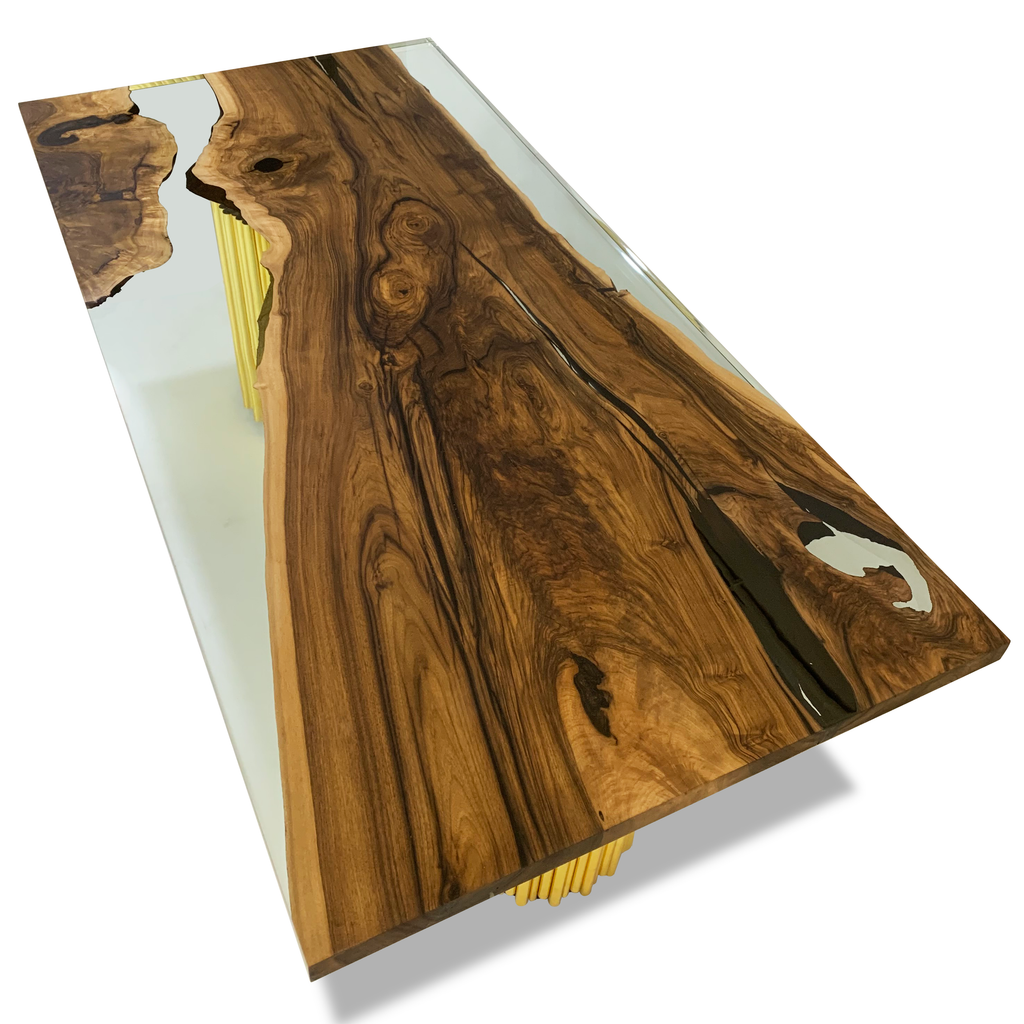 Evohe Walnut Wood Rectangular Dining Table with live-edge wood and clear resin river