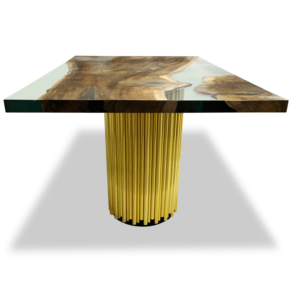 Evohe Walnut Wood Rectangular Dining Table with resin and wood tabletop on gold base