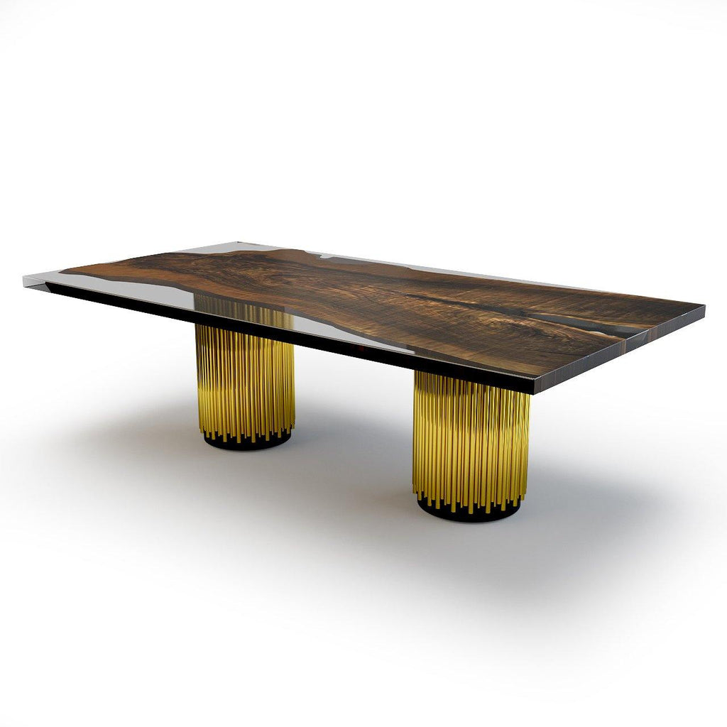 Evohe Walnut Wood Rectangular Dining Table with dark top and gold cylindrical bases