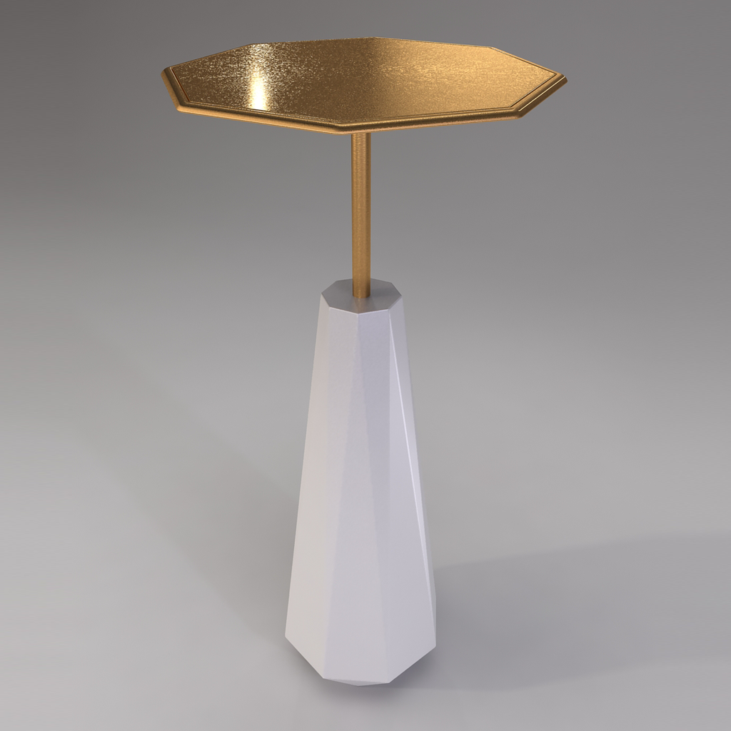 Facet End Table with gold hexagonal top and white faceted conical base