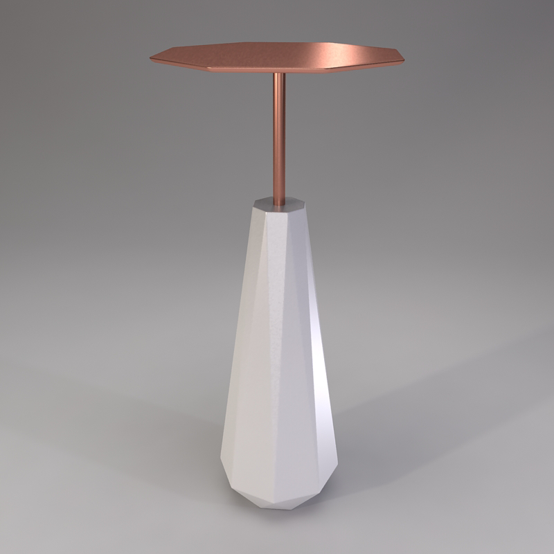 Modern facet end table with white faceted base and copper hexagonal top