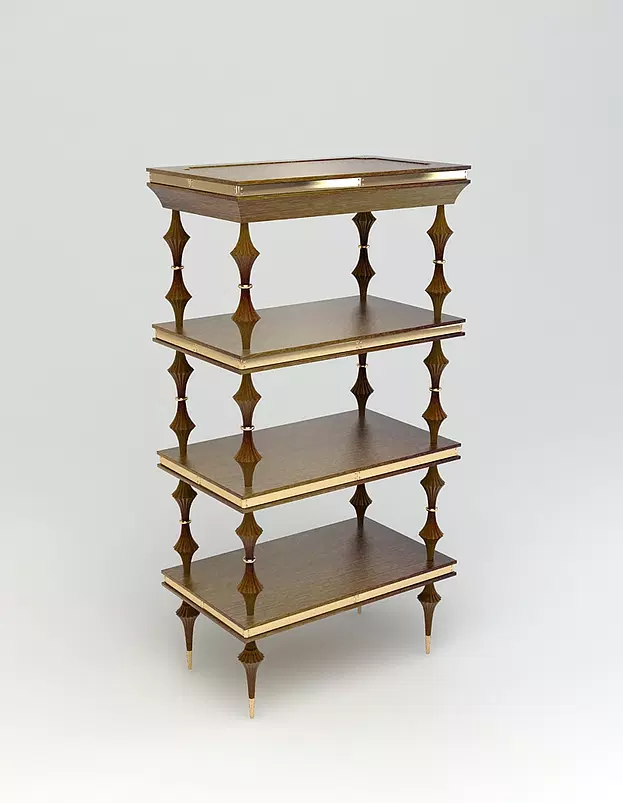 Ferrat Modern Shelf with four tiers, ornate legs, and gold trim for modern decor