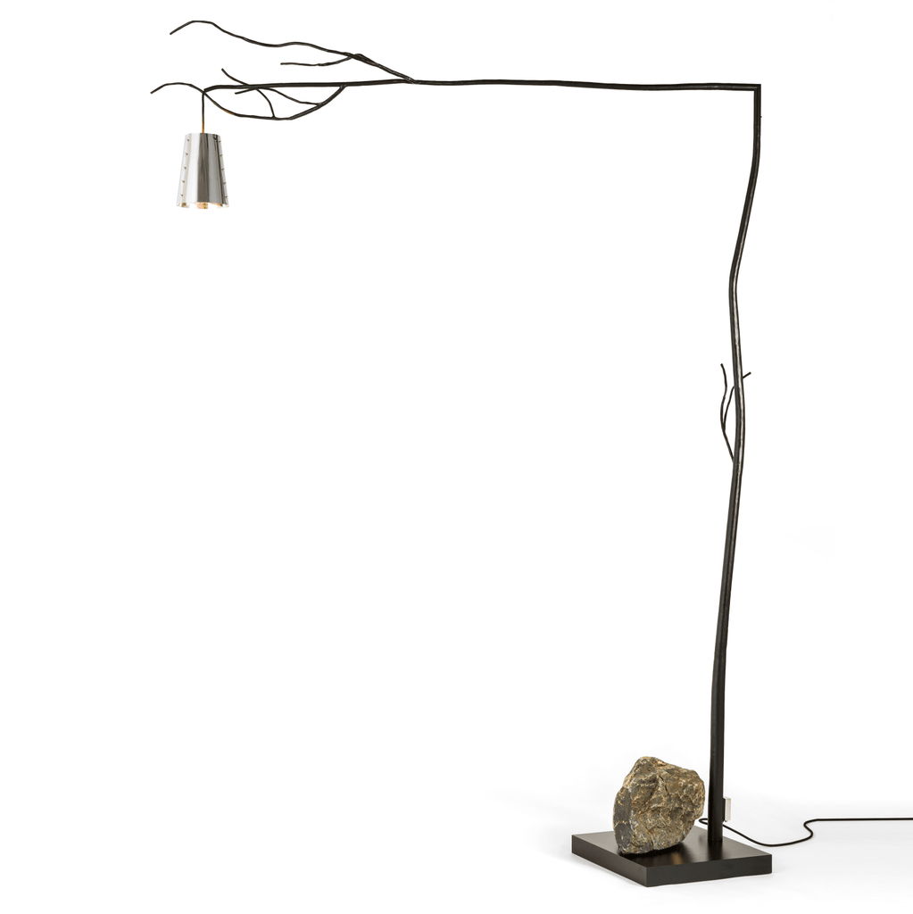 Flintstone Floor Lamp with branch-like dark metal frame, natural stone accent, and conical light