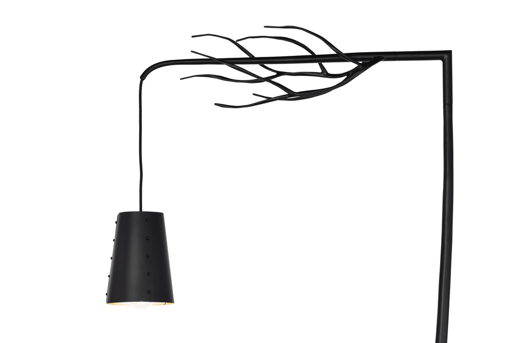 Flintstone Floor Lamp with black metal branch top and hanging conical shade