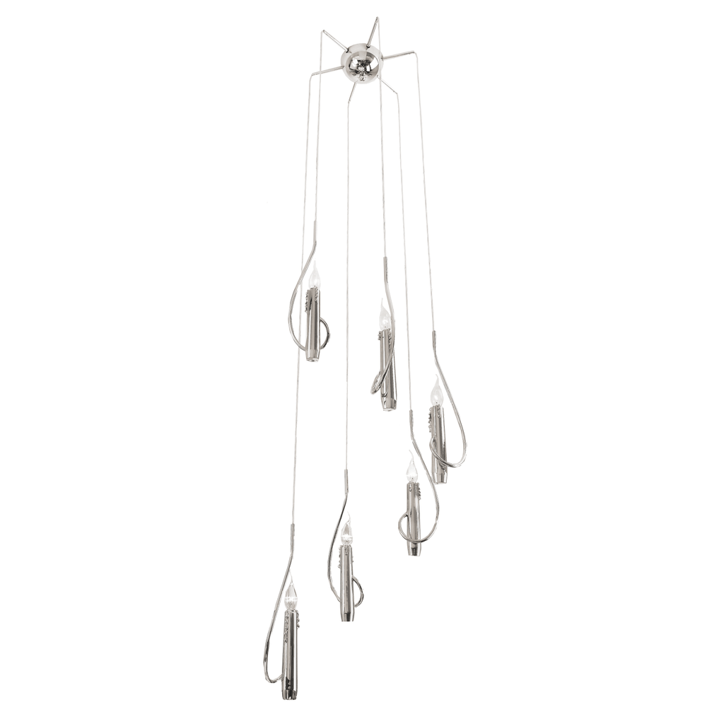 Modern chrome floating candles hanging lamp with custom height and six candle-shaped lights