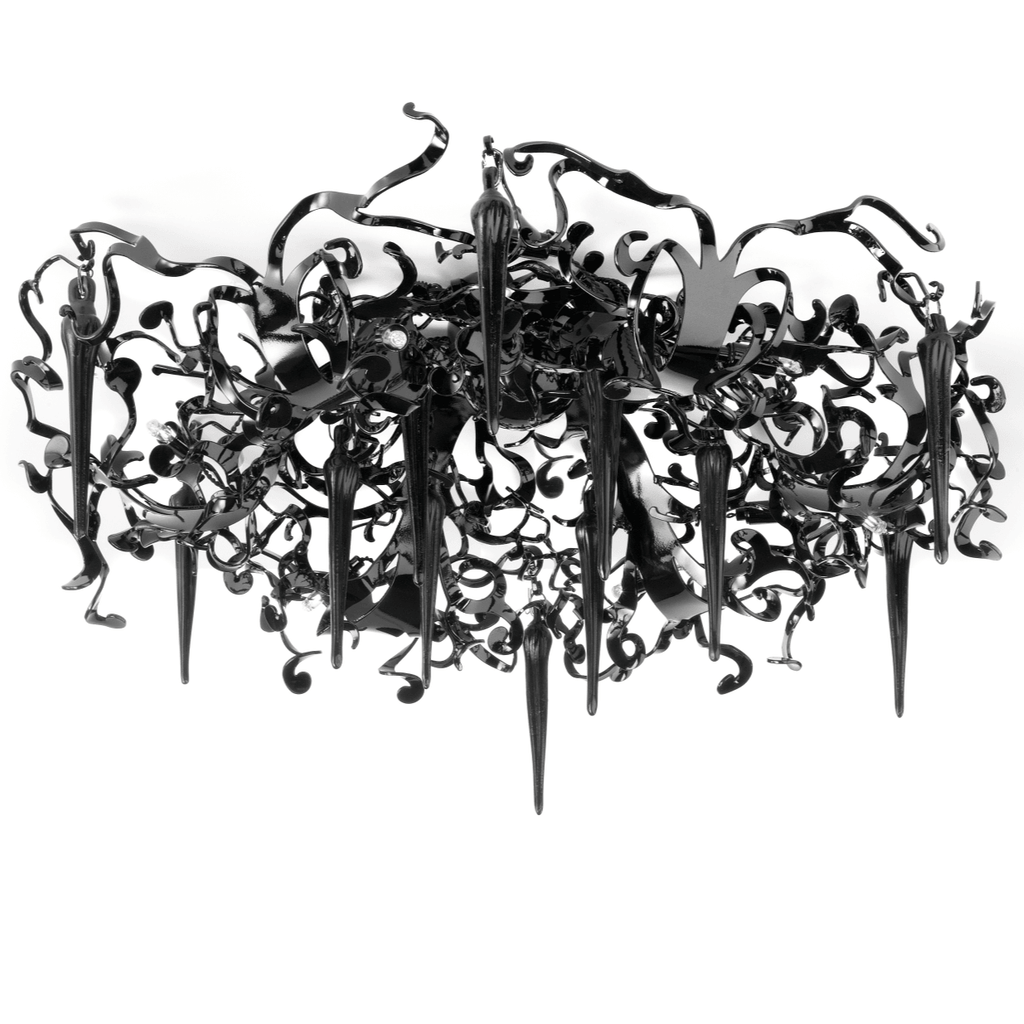 Black ornate Flower Power Ceiling Lamp with swirling metalwork and dagger pendants
