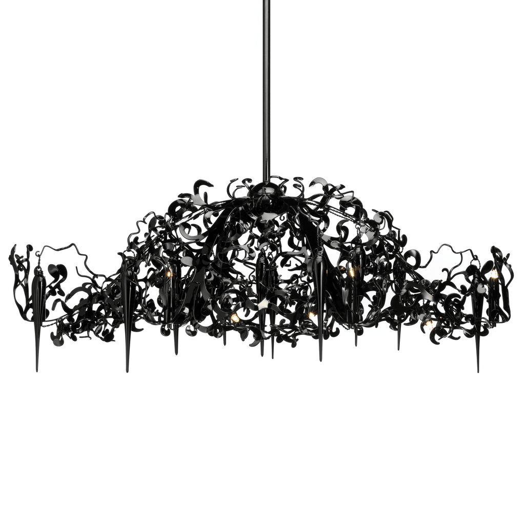 Black metal Flower Power Chandelier Oval with ornate swirling details and spikes