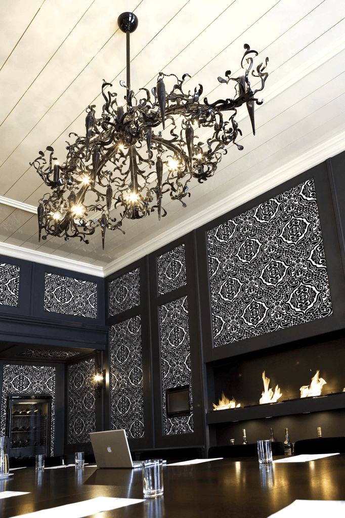 Ornate Flower Power Chandelier Oval with dark metal and multiple lights for stylish decor