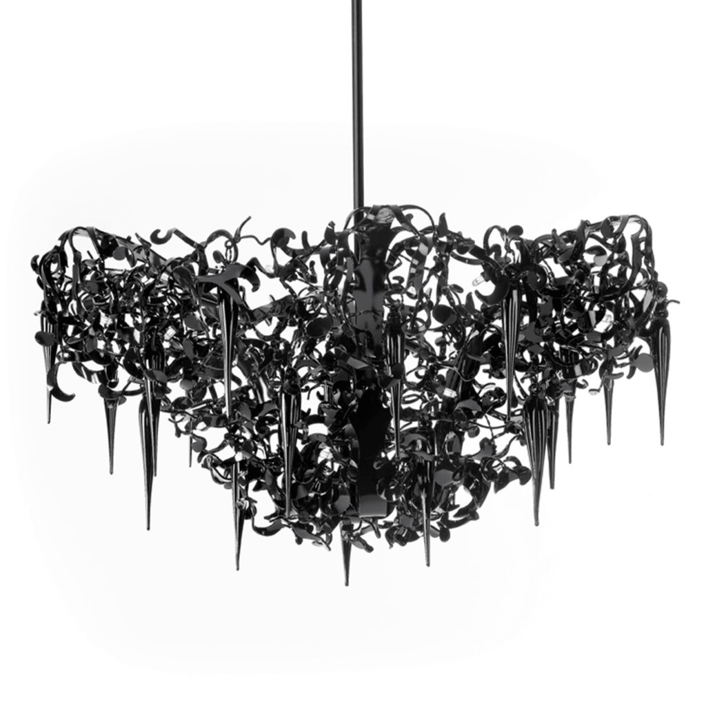 Black Flower Power Chandelier Round Upside Down with tangled leaves and icicle accents