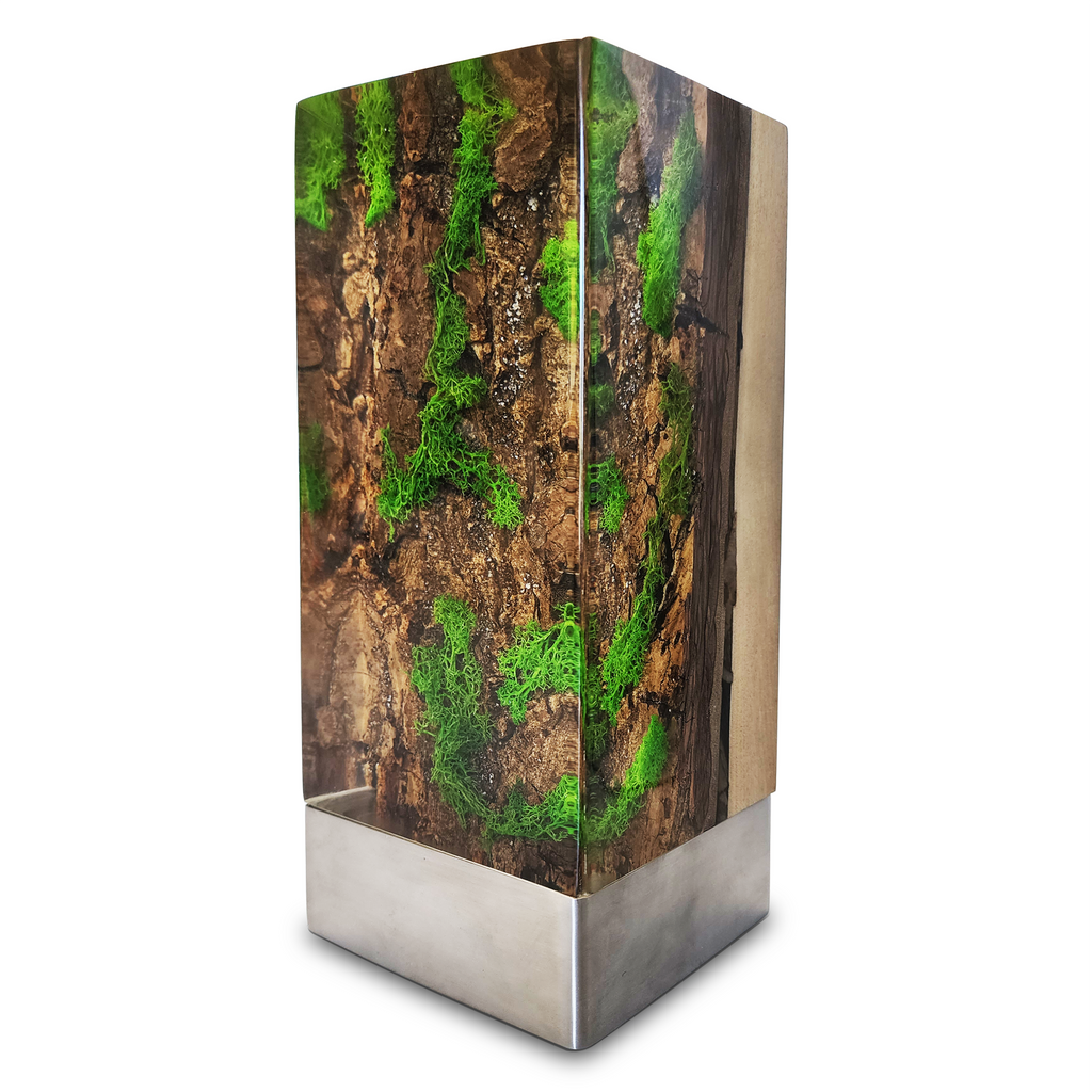 Forest Cube Table Lamp featuring a decorative rectangular column with bark and green moss