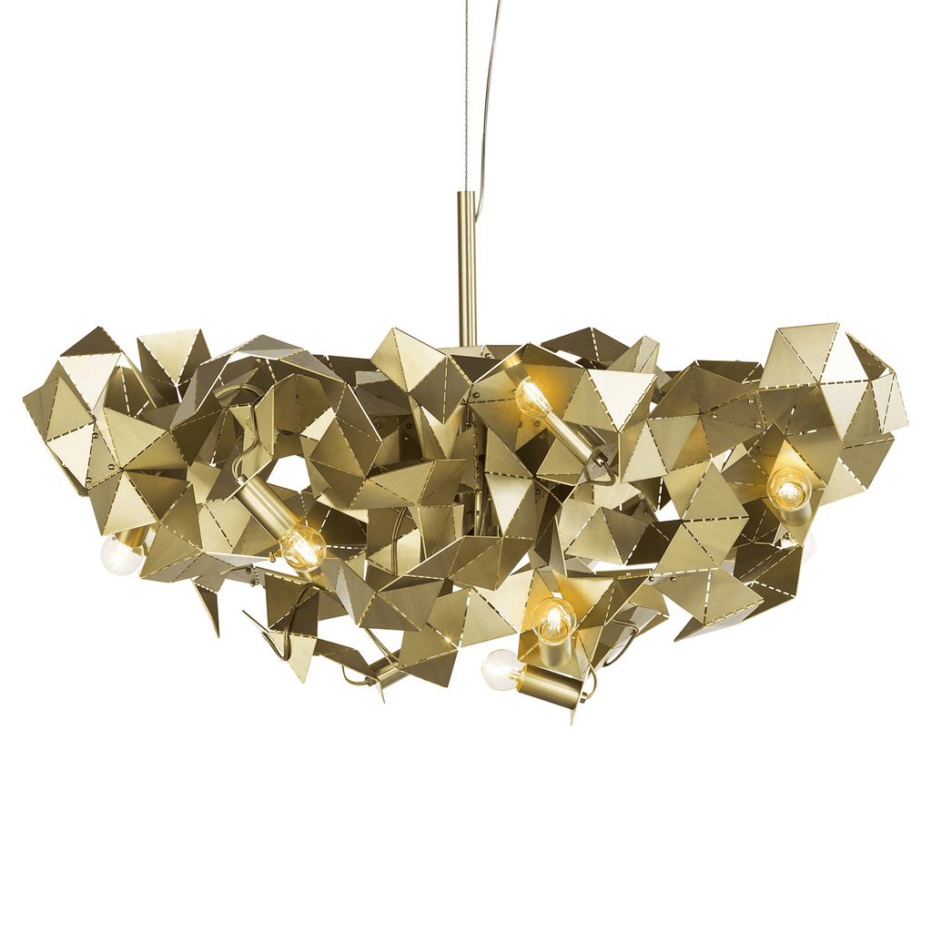 Modern brass Fractal Chandelier Oval with geometric shapes and exposed bulbs