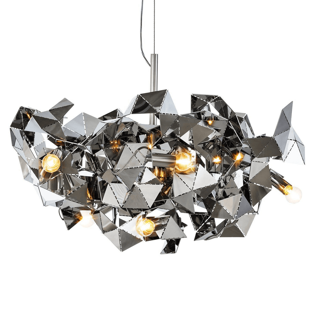 Modern abstract Fractal Chandelier Round with mirrored geometric shapes and exposed bulbs
