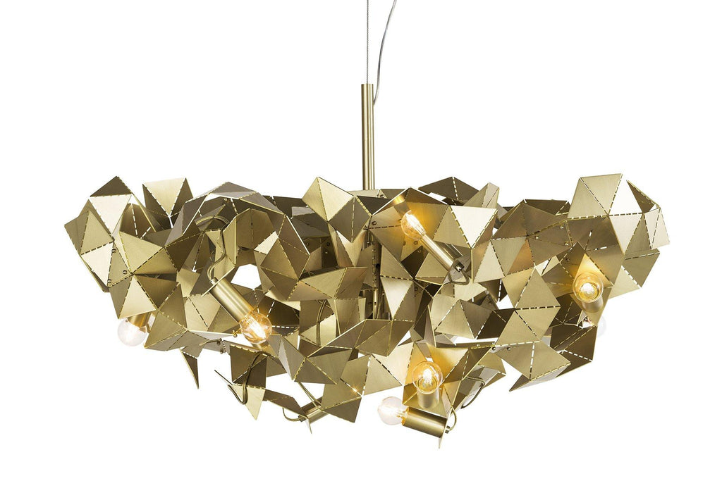 Gold-toned Fractal Chandelier Round with geometric design and exposed light bulbs