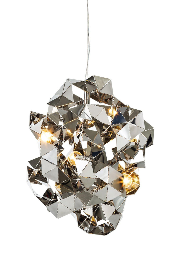 Fractal Cloud modern sculptural chrome pendant light fixture with triangular panels and bulbs