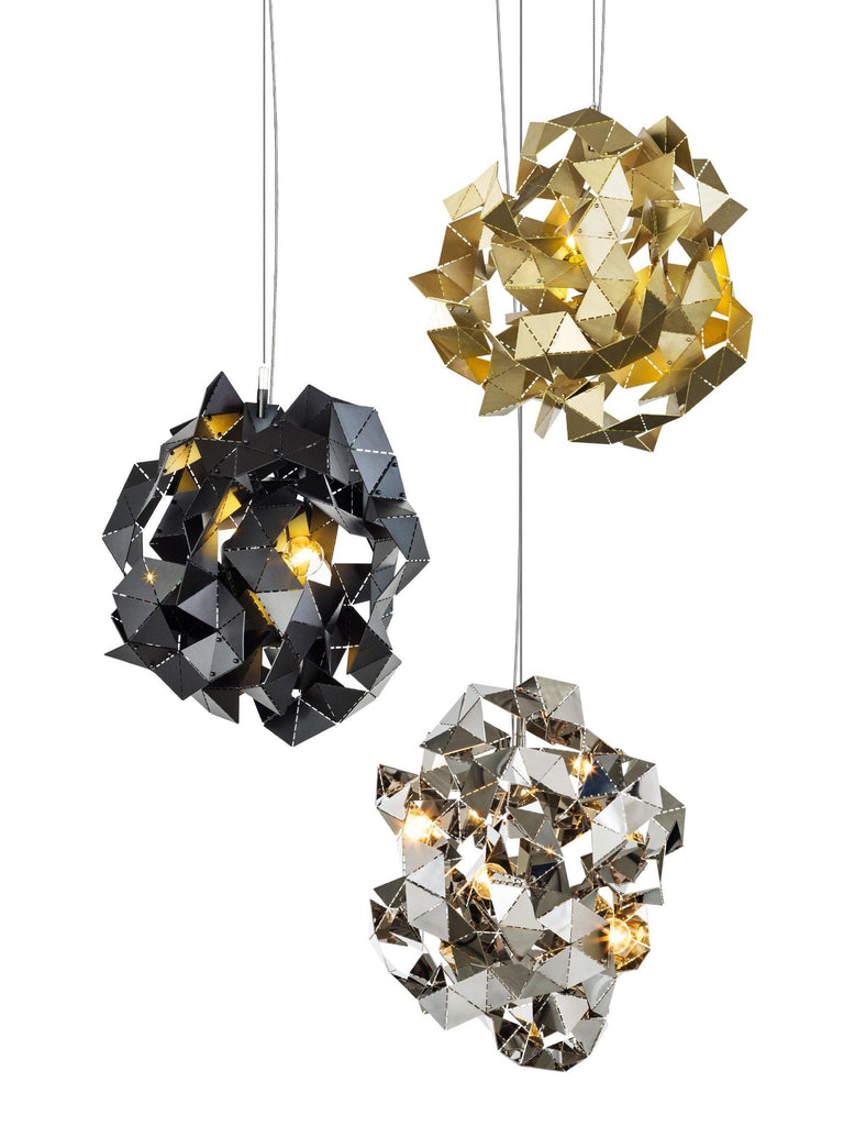 Fractal Cloud modern geometric pendant lights in black gold and silver finishes