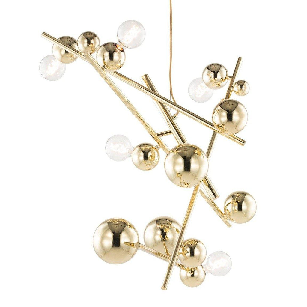 Modern gold-finish Galaxy Chandelier Round with spherical bulbs and metallic orbs