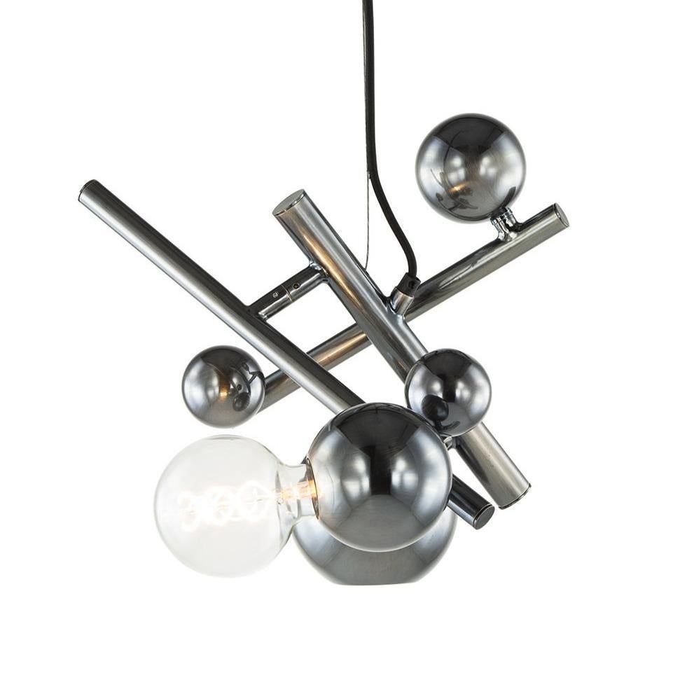 Galaxy Element modern sculptural chandelier with chrome finish and spherical accents