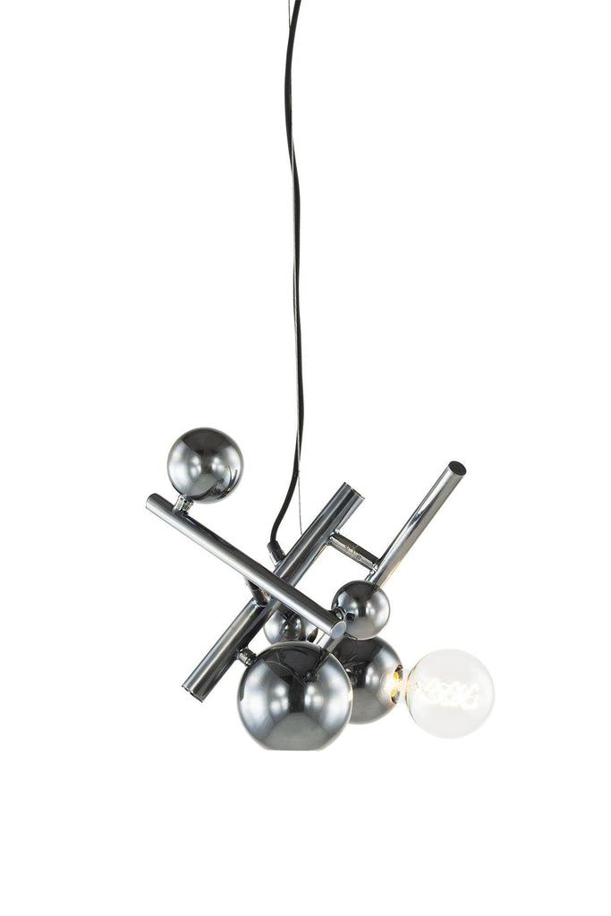 Galaxy Element modern chrome chandelier with intersecting rods and spherical mirrored lights
