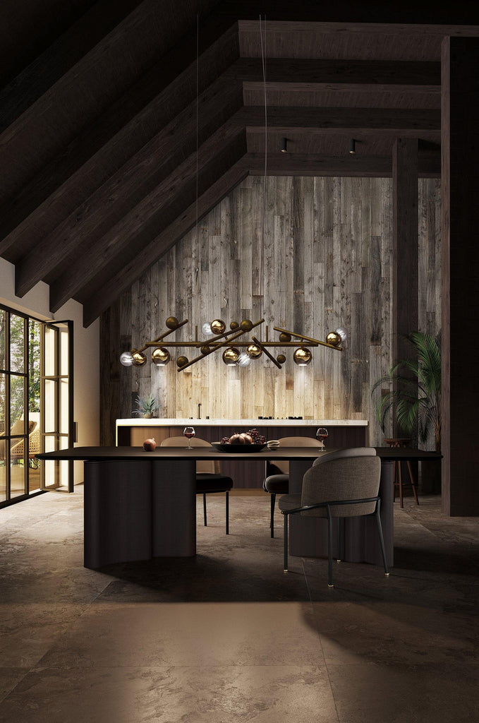 Galaxy Element modern multi-bulb chandelier with dark branched frame and spherical glass shades