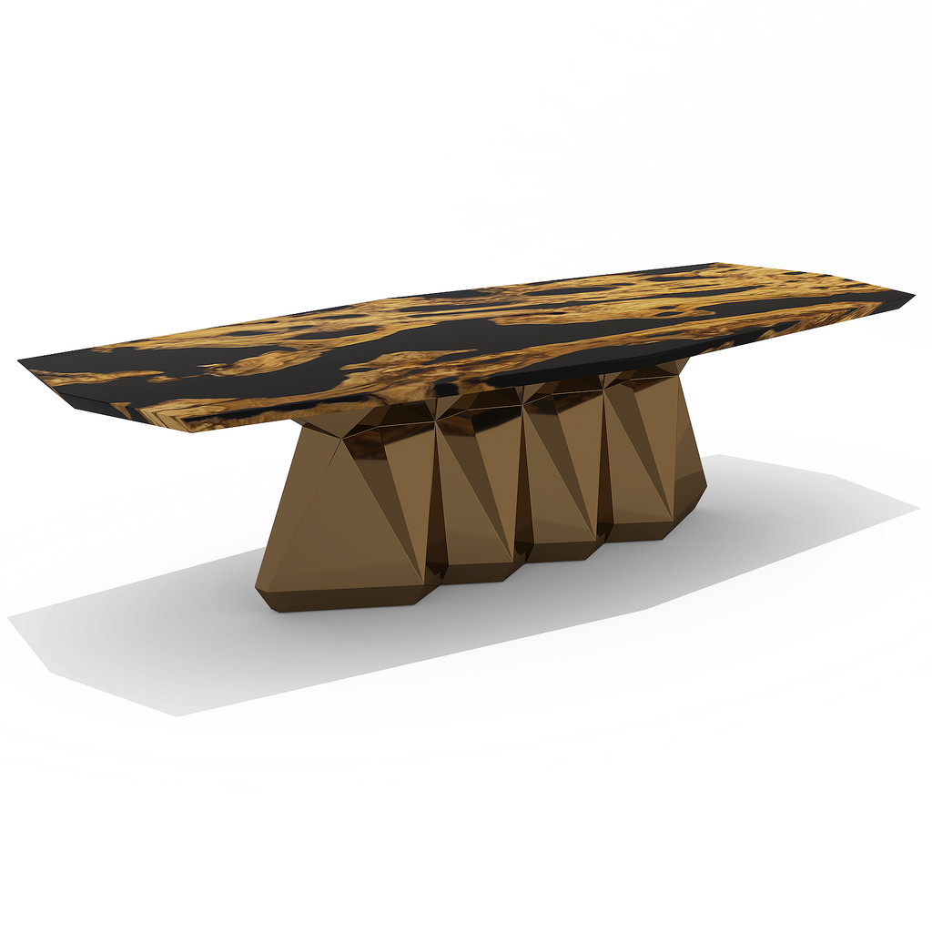 Gerena Olive Dining Table with black and gold abstract top and bronze base