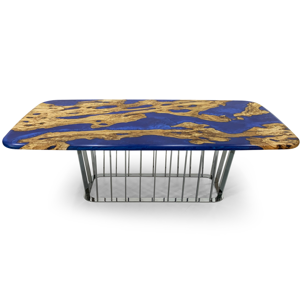 Giona Pearl Blue Olive Dining Table with blue resin and natural wood top on metal base