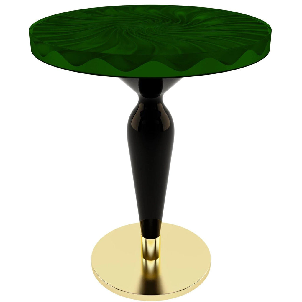 Green Ballerina Bistro Table with a round dark green lacquered wood top and gold base