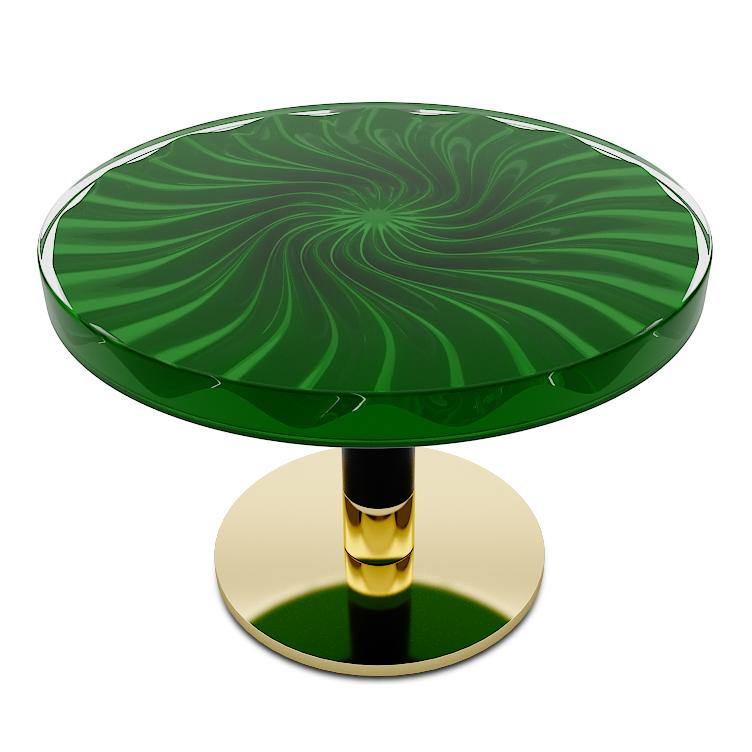 Green Ballerina Coffee Table featuring a round emerald green glass top and gold-plated base