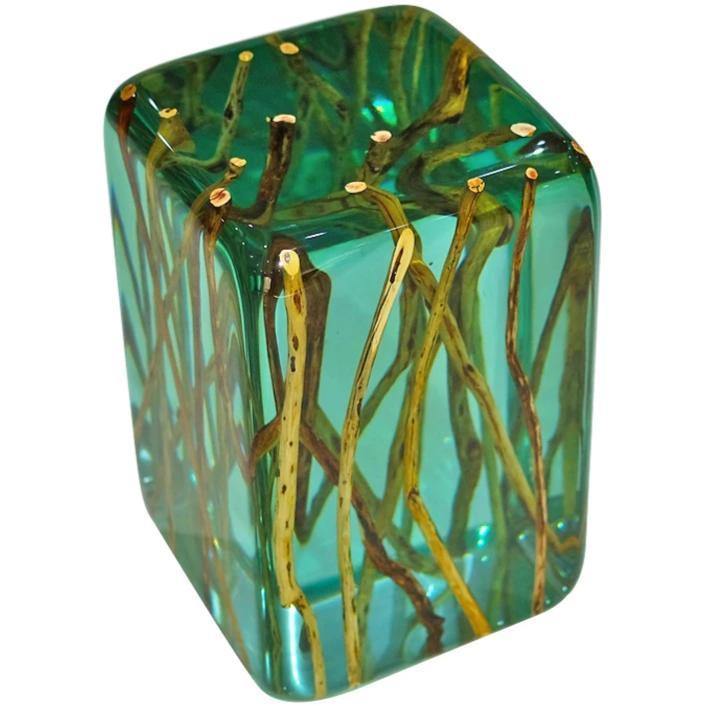 Transparent teal resin Green Branches Cube End Table with embedded natural wood pieces
