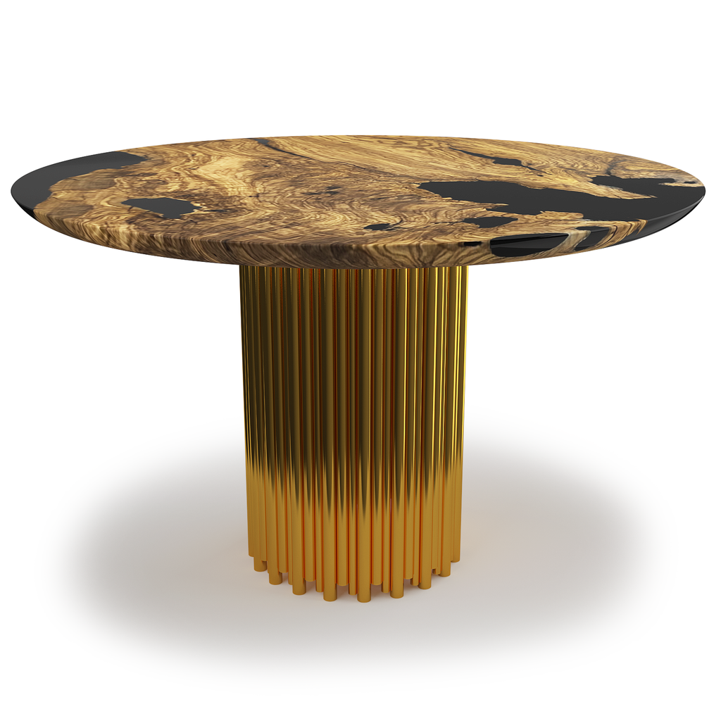 Evohe Olive Wood Round Dining Table with dark wood and resin top, gold metal base