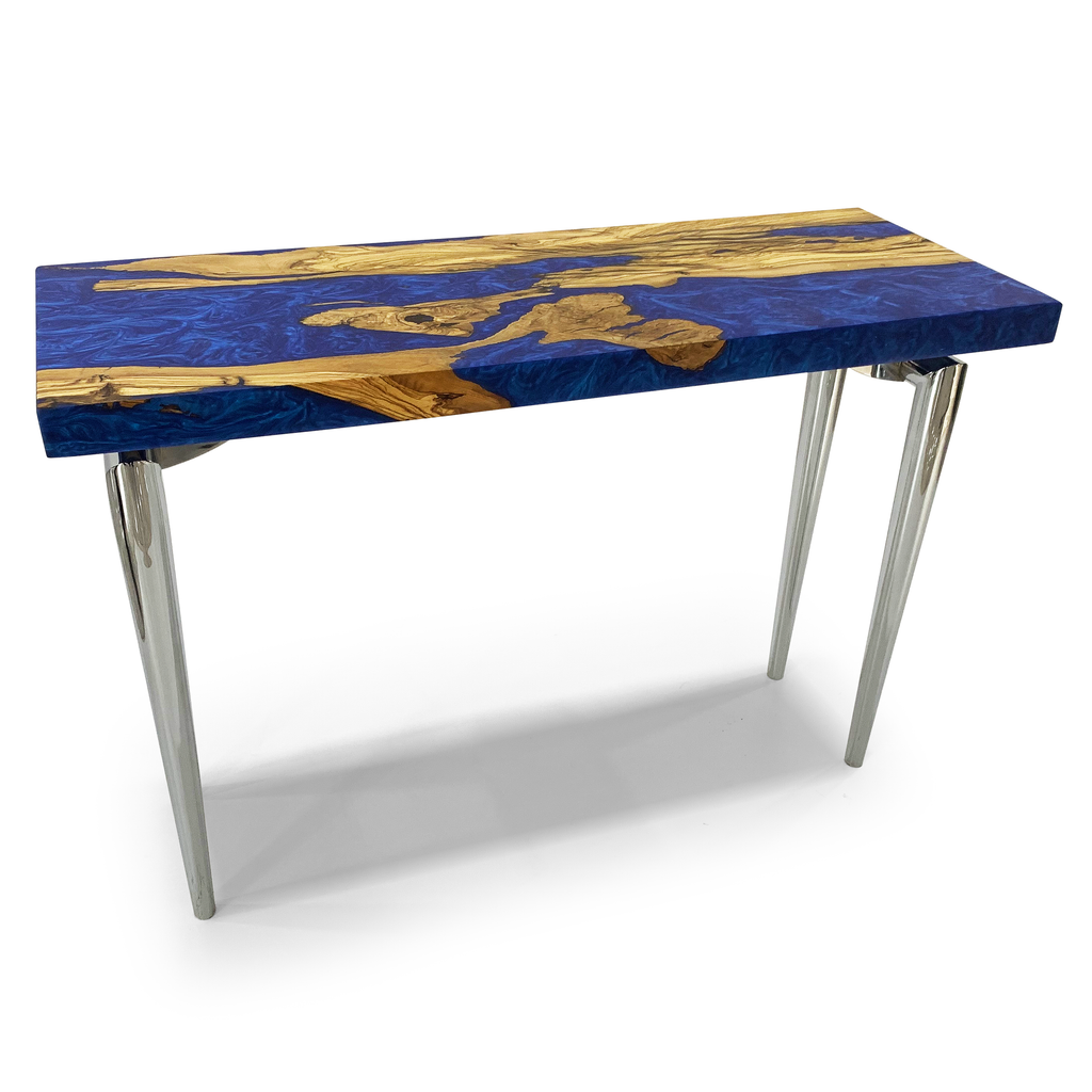 Harmonia Entryway Table with blue epoxy and natural wood top, sleek tapered legs