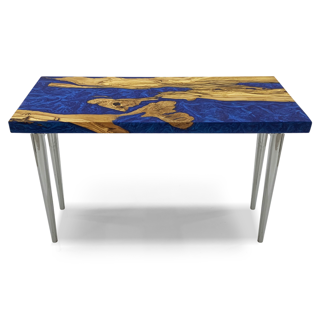 Harmonia Entryway Table with blue resin and natural wood top and sleek metal legs
