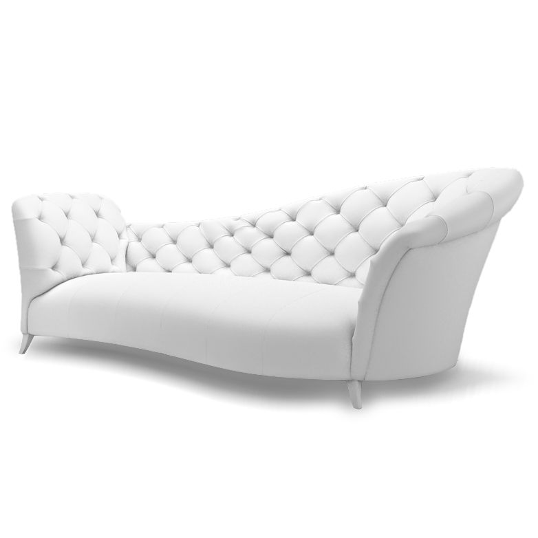 White tufted chaise lounge with rolled arms in Harry Hines Lounge showroom