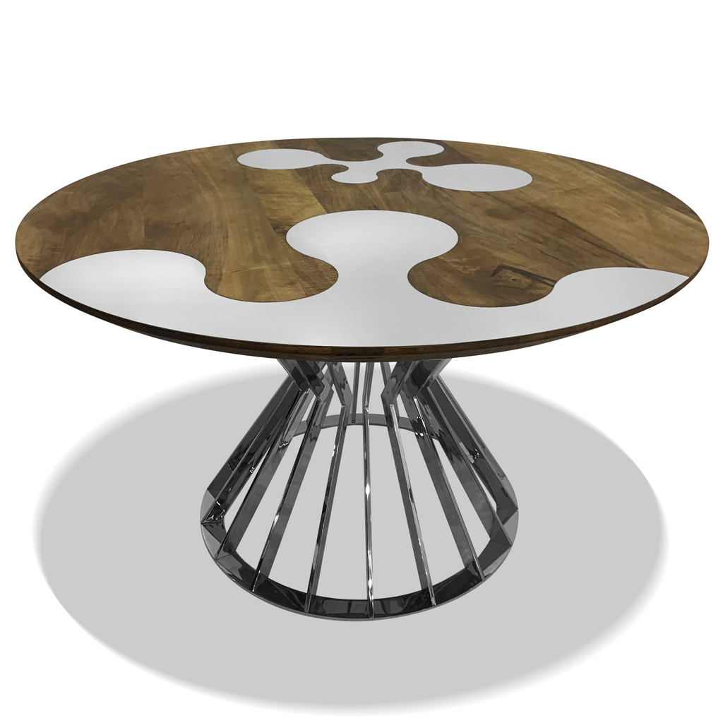 Amiata stainless steel and walnut round dining table with chrome conical base