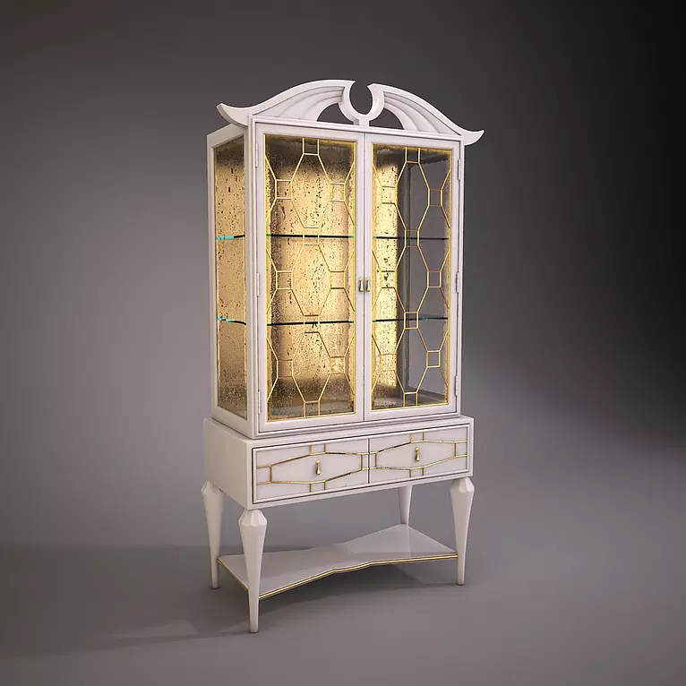 Hollandale cabinet with white and gold finish, glass doors, and two drawers