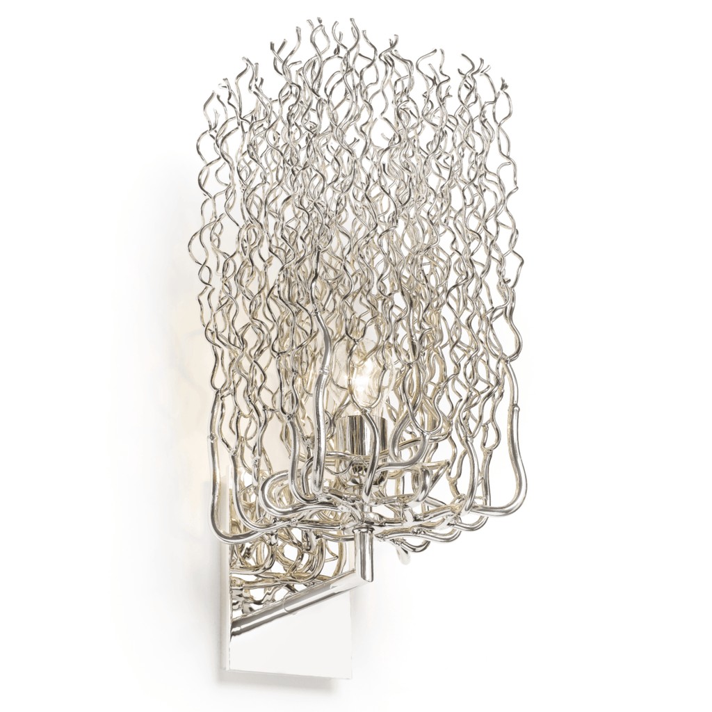 Hollywood Block Wall Lamp with chrome finish and sculptural interwoven metal shade